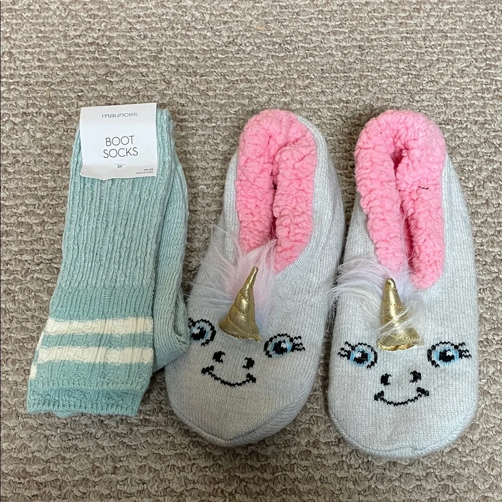 One Maurices brand boot socks and Unicorn Slippers